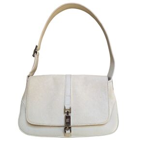 GUCCI Vintage Jackie Woven Canvas Leather Shoulder Bag Ivory Piston Lock 0013824